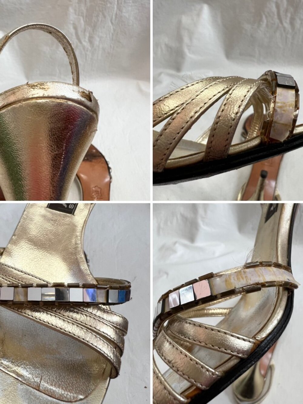 Vintage 70s Givenchy high heel sandals gold leather mirror size 7 slingback - Picture 10 of 13